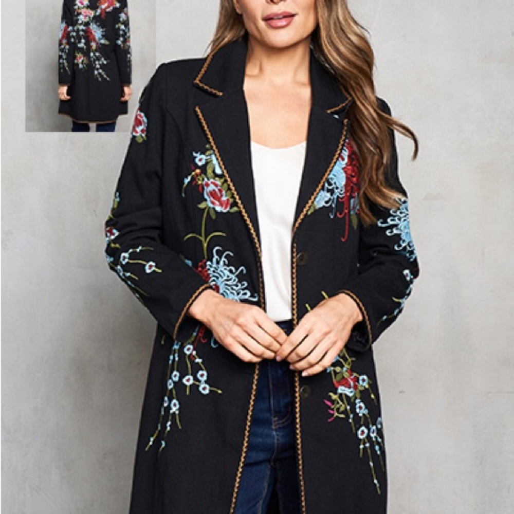 Floral Embroidered Black Trench Coat